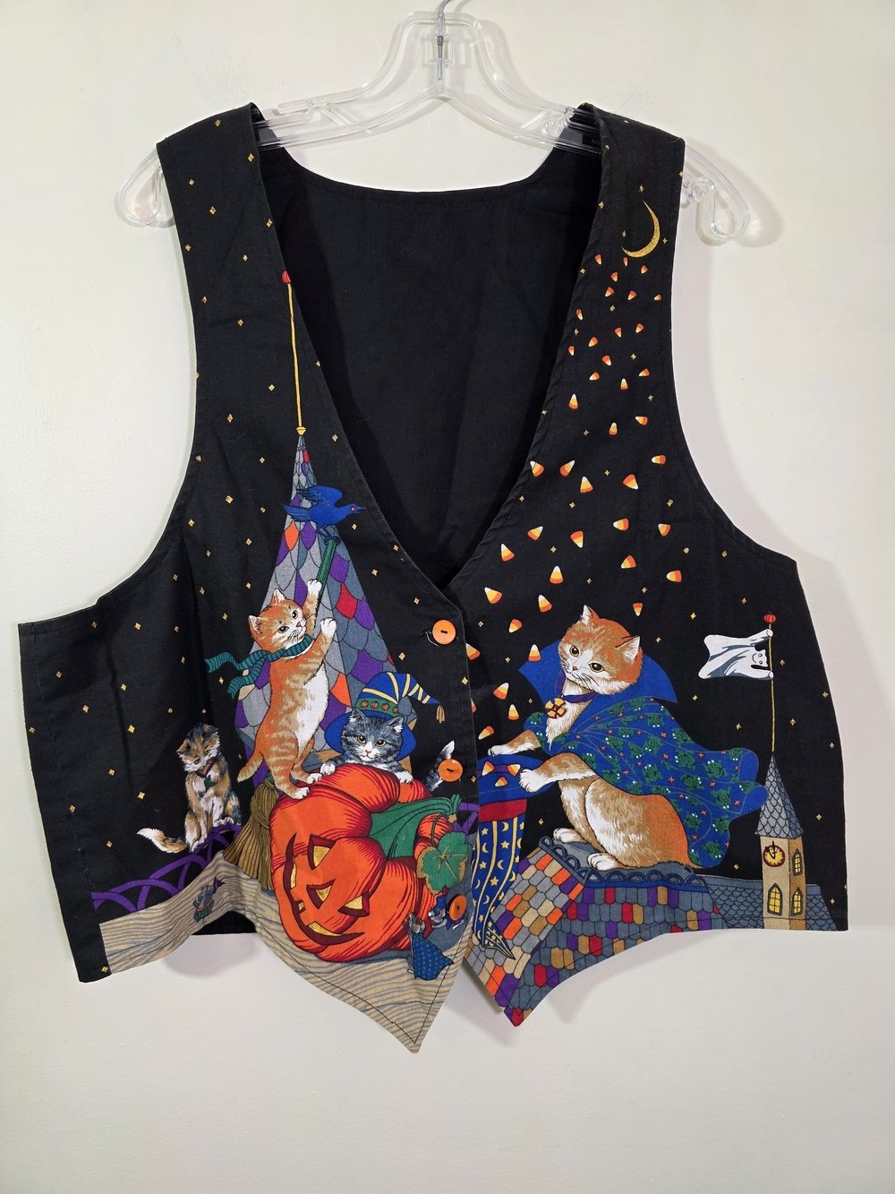 Halloween Cats In Costumes Colorful Black Button Front Vest Onesize Up To 2X